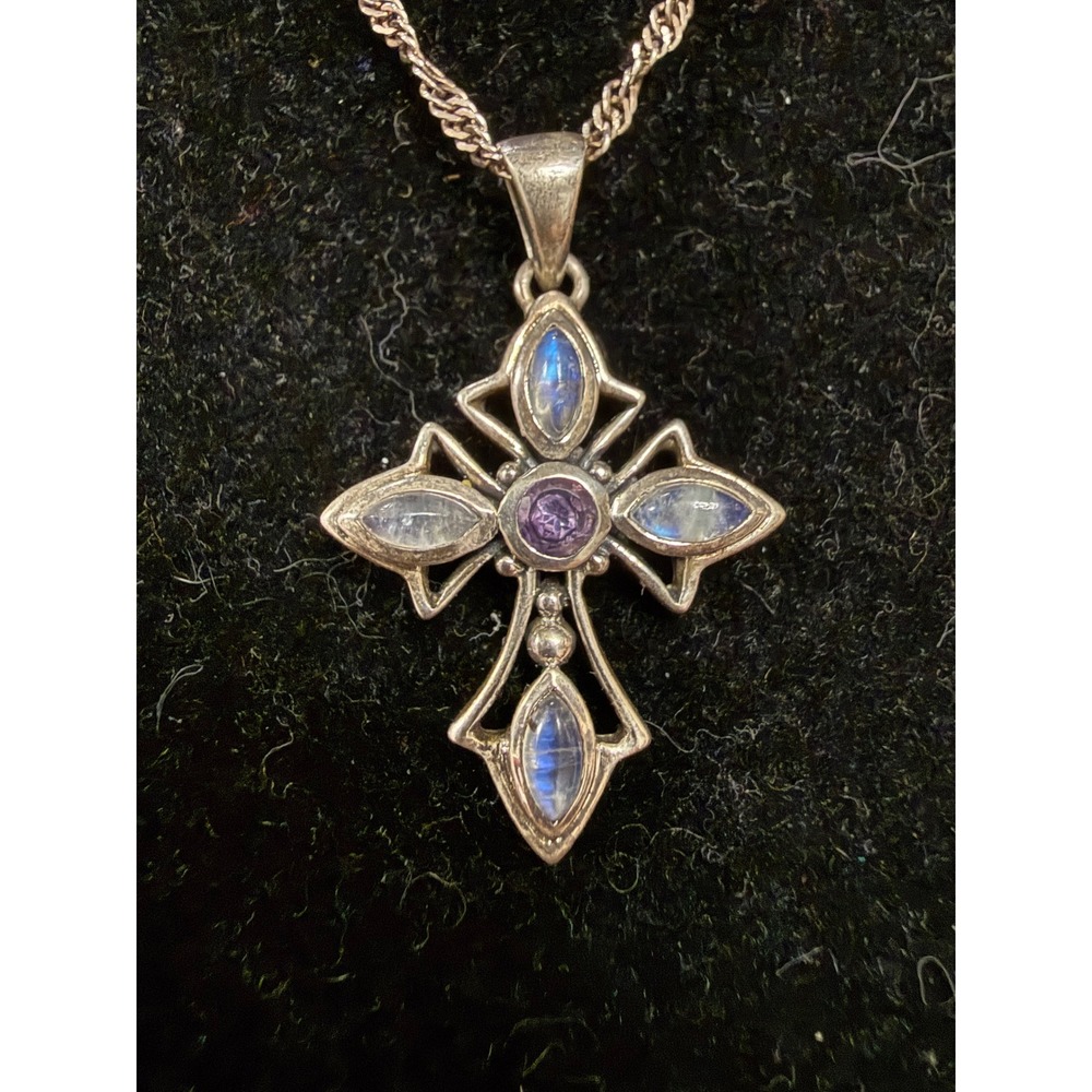 Vintage Sterling Silver Moonstone Amethyst Cross Necklace 925 Plata Gothic Boho
